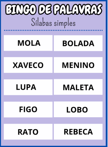 cartela trinta e sete Bingo de palavras sílabas simples Em PDF com 40 cartelas coloridas