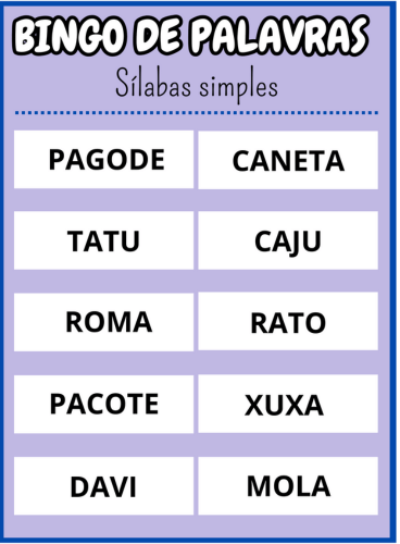 cartela dois Bingo de palavras sílabas simples Em PDF com 40 cartelas coloridas