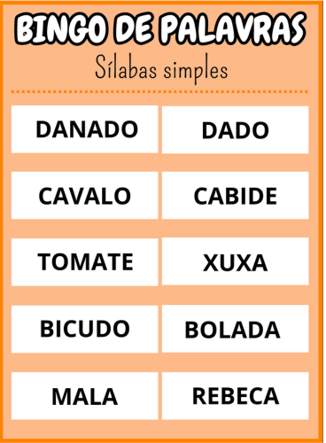 cartela trinta e seis Bingo de palavras sílabas simples Em PDF com 40 cartelas coloridas