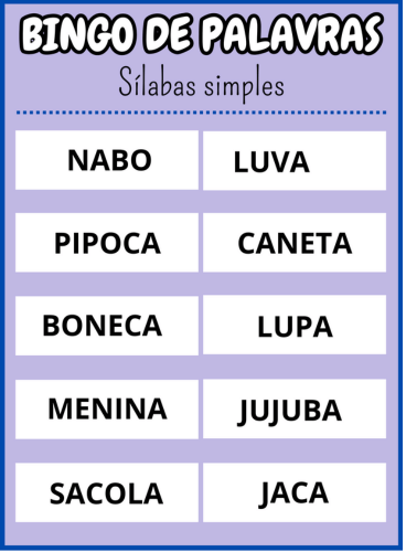 cartela trinta e cinco Bingo de palavras sílabas simples Em PDF com 40 cartelas coloridas