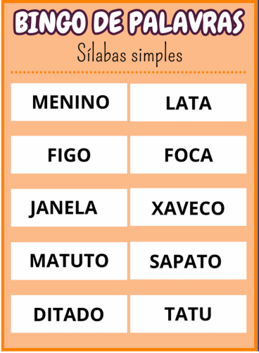 cartela trinta e quatro Bingo de palavras sílabas simples Em PDF com 40 cartelas coloridas