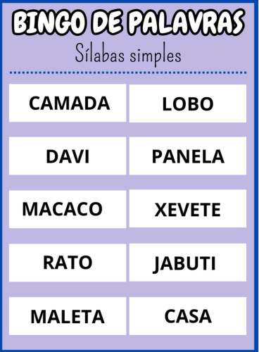 cartela trinta e três Bingo de palavras sílabas simples Em PDF com 40 cartelas coloridas