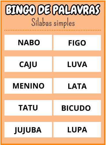 cartela trinta e dois Bingo de palavras sílabas simples Em PDF com 40 cartelas coloridas