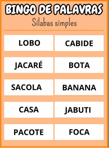 cartela um Bingo de palavras sílabas simples Em PDF com 40 cartelas coloridas
