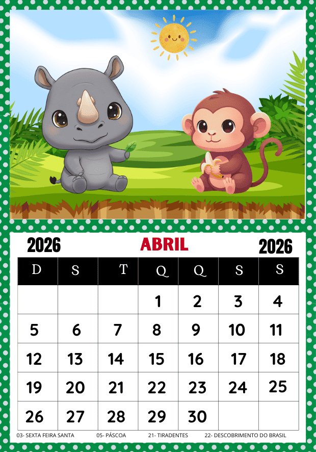 Calendário 2026 abril educação infantil para imprimir PDF onça