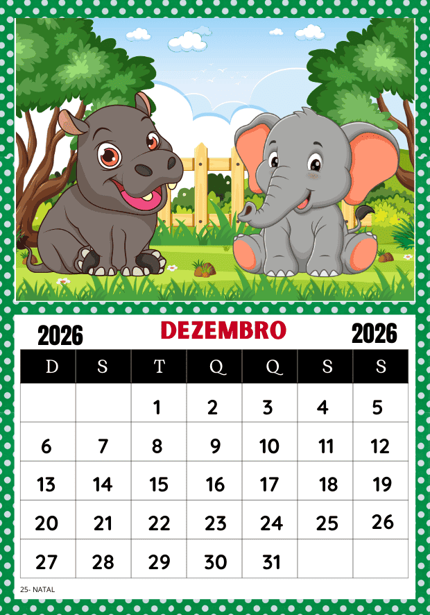 Calendário 2026 para imprimir PDF educação infantil tartaruga Tatu
