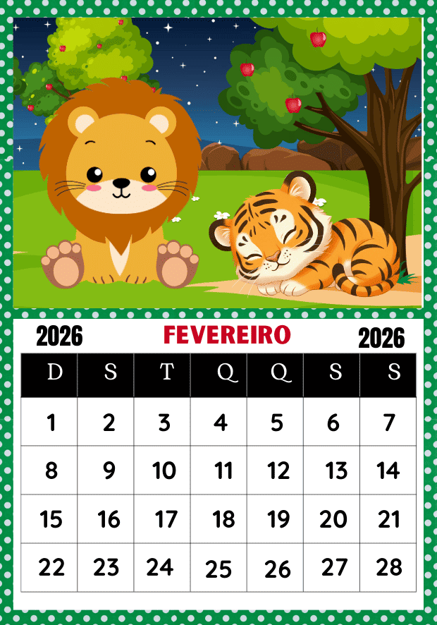Calendário 2026 educação infantil para imprimir uma folha por mês cachorrinhos