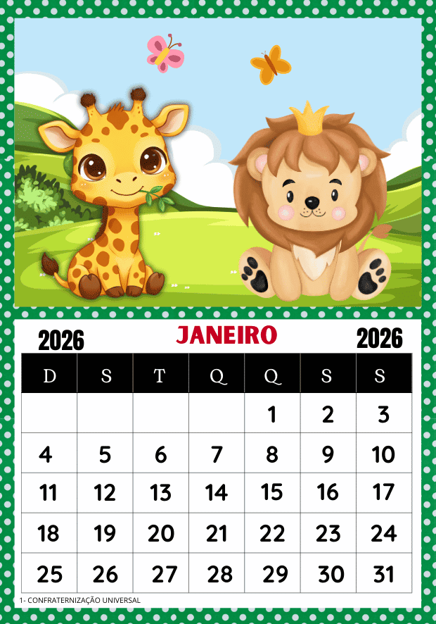 Calendário 2026 educação infantil para imprimir uma folha por mês gatinhos