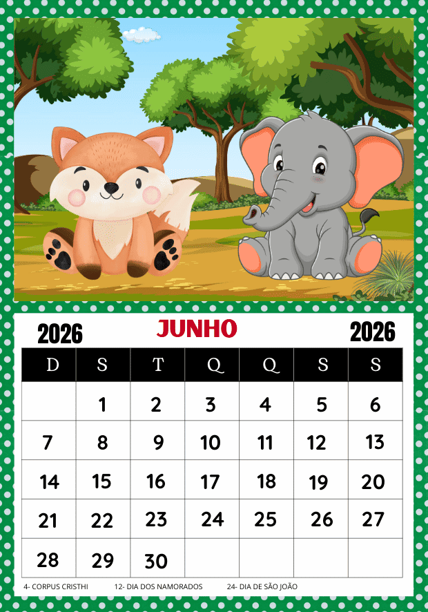 Calendário 2026 junho educação infantil para imprimir tema animais vaquinha