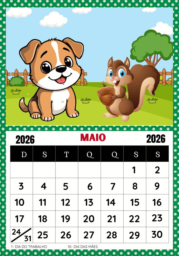 Calendário 2026 maio animais educação infantil para imprimir com as zebras