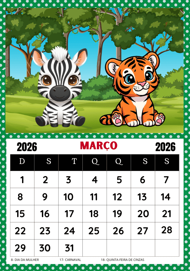 calendário animais 2026 imprimir março