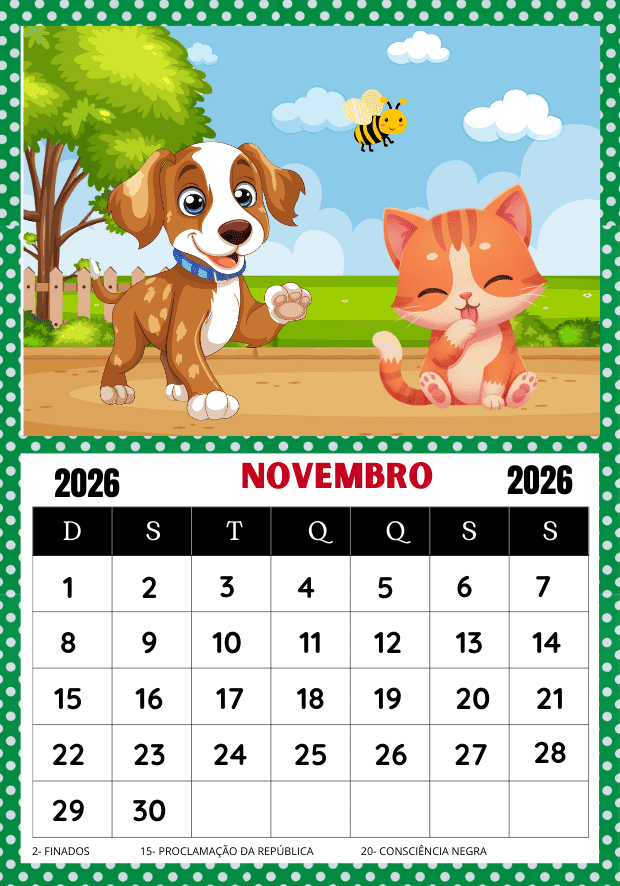 Calendário 2026 para imprimir em PDF com esquilos