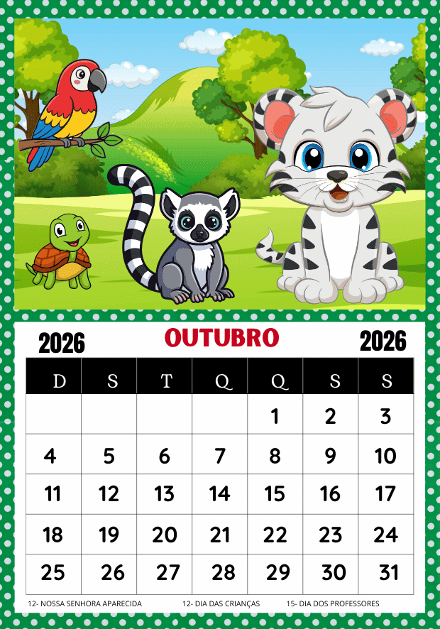 Calendário 2026 para imprimir educação infantil PDF con tartarugas