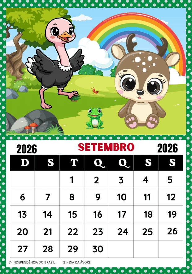 Calendário 2026 para imprimir a educação infantil tema animais raposinha