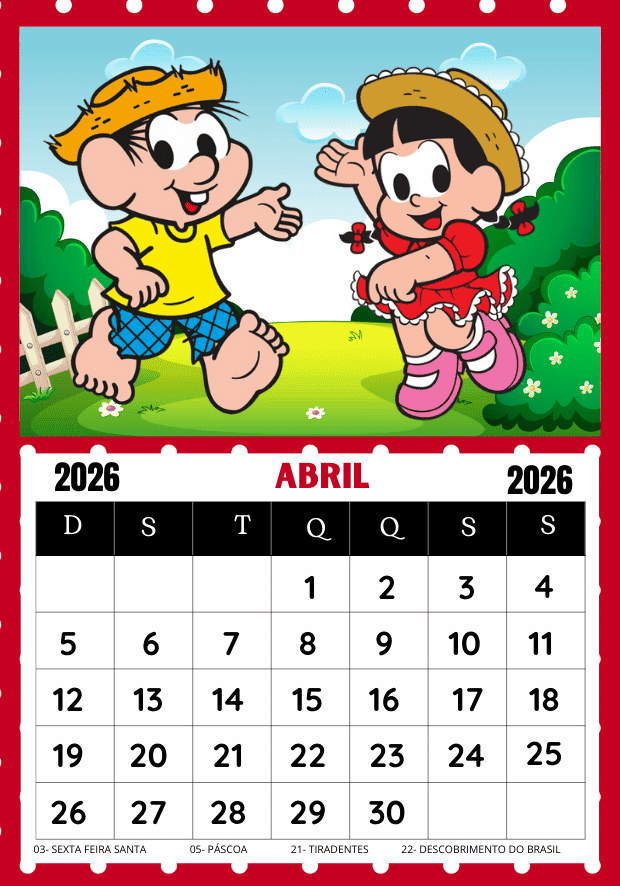 Calendário Turma da Mônica 2026 mês de abril uma folha por mês pronto para imprimir