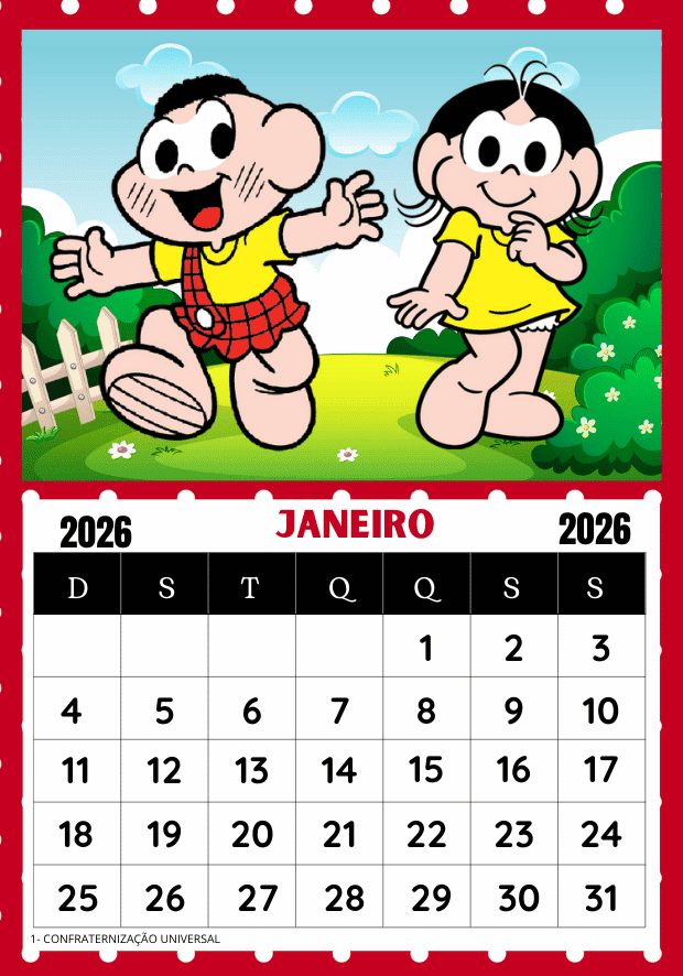 Calendário Turma da Mônica 2026 mês de janeiro uma folha por mês pronto para imprimir