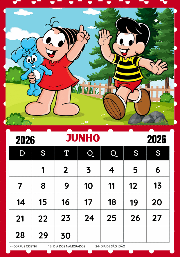 Calendário Turma da Mônica 2026 Mês de junho uma folha por mês pronto para imprimir