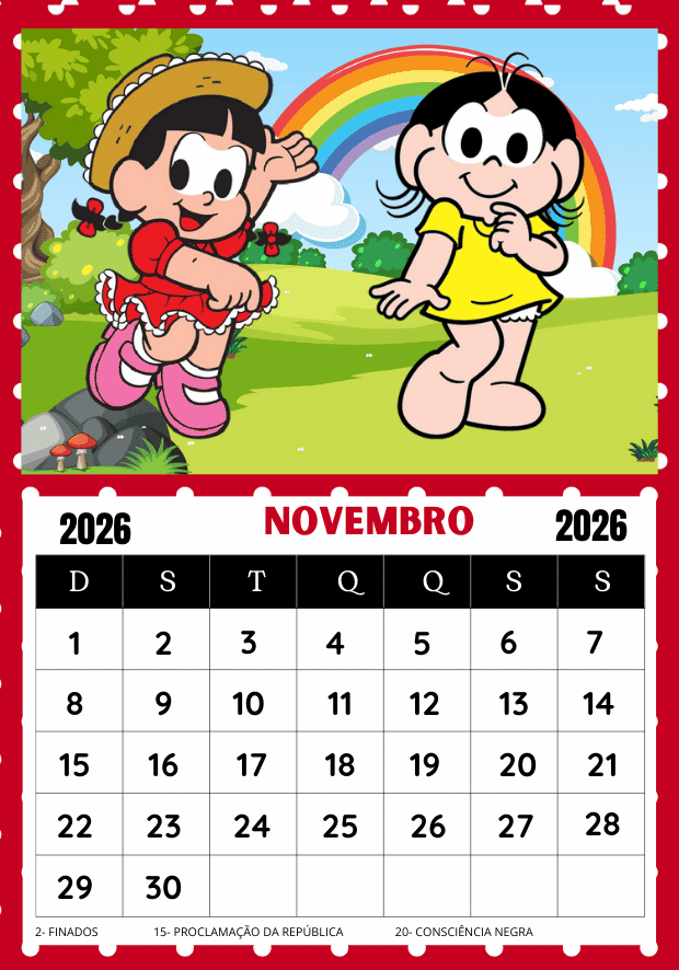 Calendário Turma da Mônica 2026 mês de novembro uma folha por mês pronto para imprimir