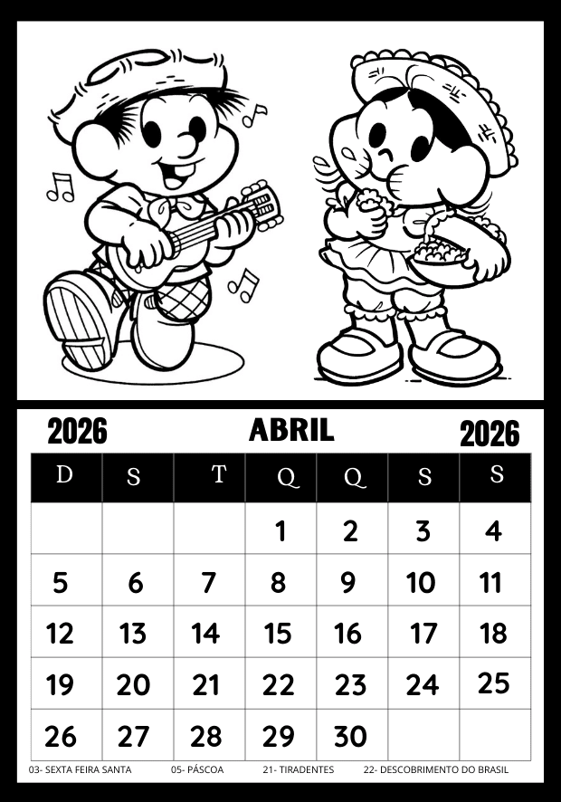 Calendário para colorir 2026 Turma da Mônica mês de abril em traçado preto e branco