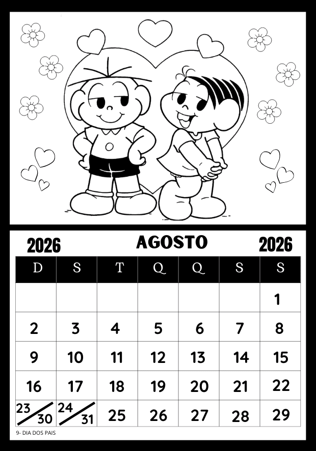 Calendário para colorir 2026 Turma da Mônica mês de agosto para planejamento mensal