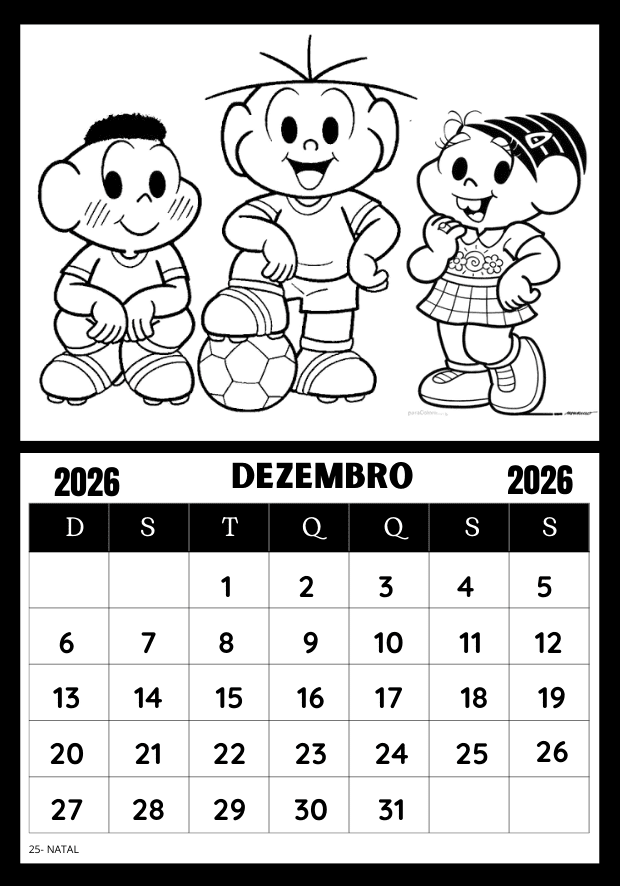 Calendário para colorir 2026 Turma da Mônica mês de dezembro para caderno do aluno