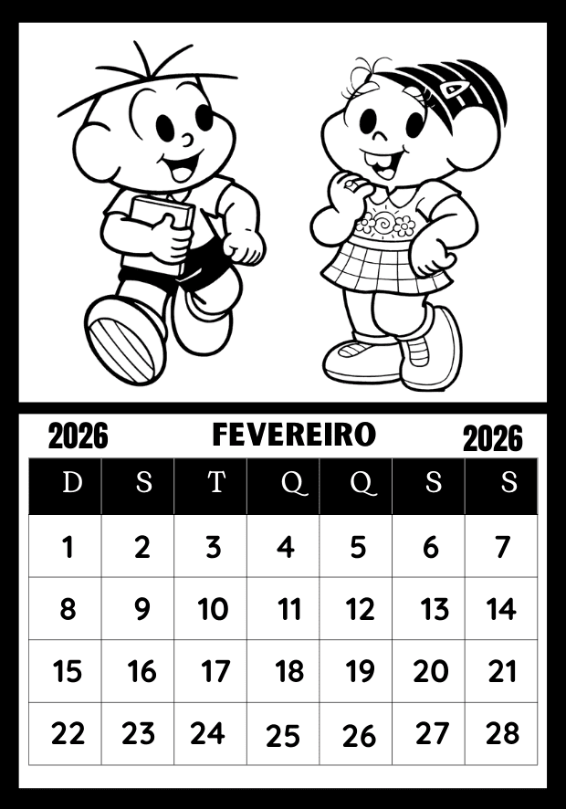 Calendário para colorir 2026 Turma da Mônica mês de fevereiro