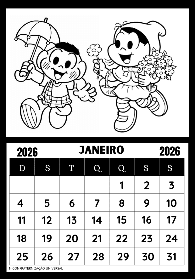 Calendário para colorir 2026 Turma da Mônica mês de janeiro pronto para imprimir