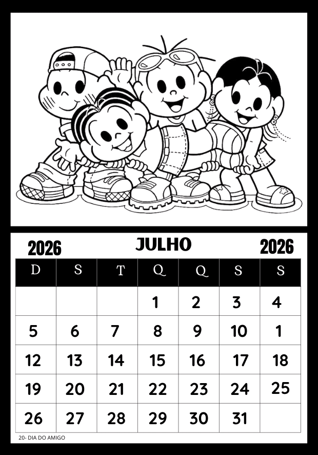 Calendário para colorir 2026 Turma da Mônica mês de julho para atividades de calendário