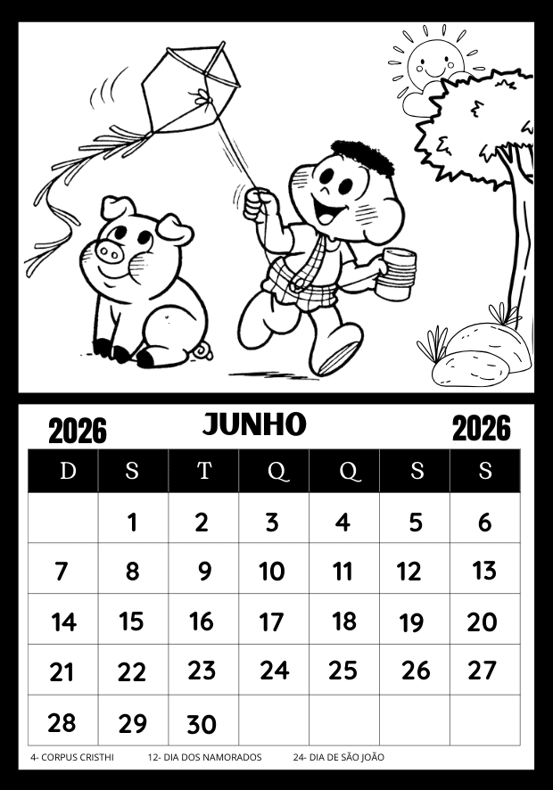 Calendário para colorir 2026 Turma da Mônica mês de junho para rotina escolar