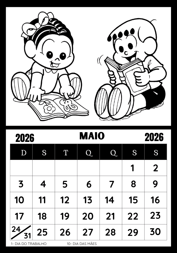 Calendário para colorir 2026 Turma da Mônica mês de maio para 3 anos