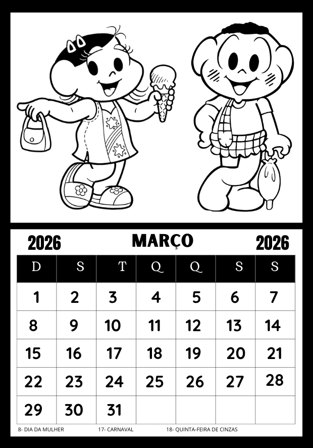 Calendário para colorir 2026 Turma da Mônica mês de março pronto para imprimir para uso na educação infantil