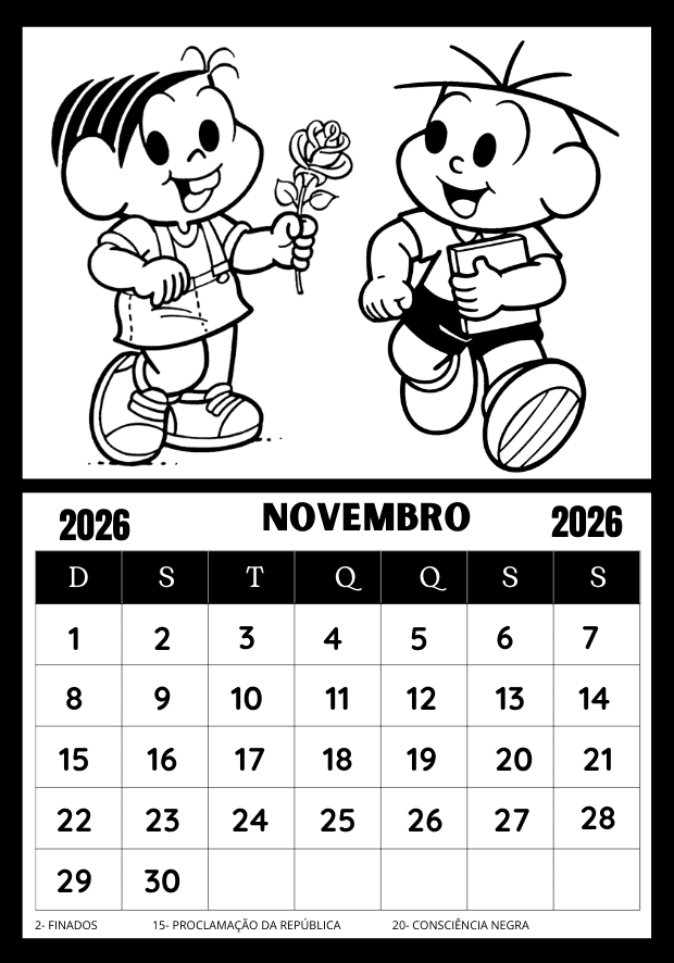 Calendário para colorir 2026 Turma da Mônica mês de novembro para imprimir e usar em sala de aula