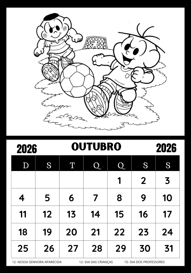 Calendário para colorir 2025 Turma da Mônica mês de outubro para atividades de classe