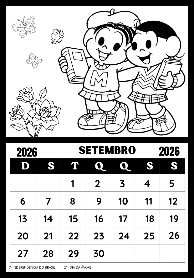 Calendário para colorir 2026 Turma da Mônica mês de setembro para uso pedagógico
