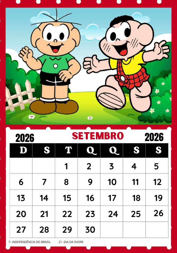 Calendário Turma da Mônica 2026 mês de setembro uma folha por mês pronto para imprimir