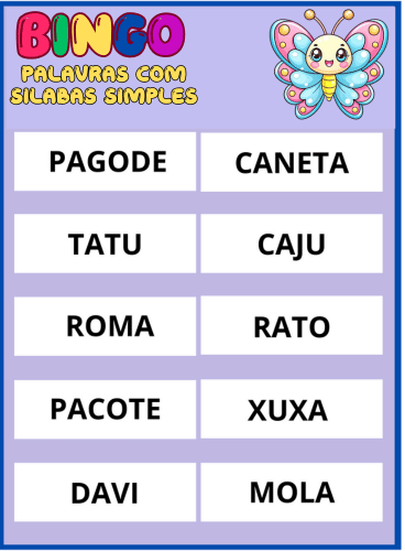 Cartela 40 do bingo palavras simples