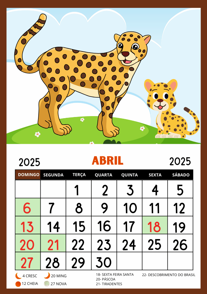 Calendário 2025 educação infantil para imprimir PDF onça