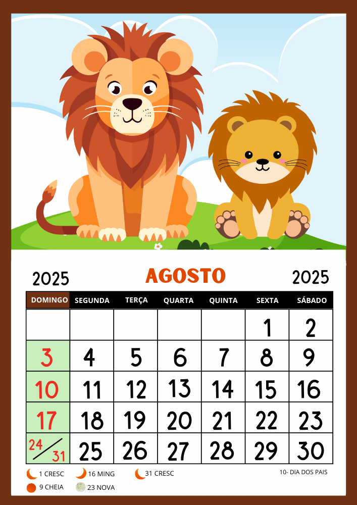 Calendário 2025 uma folha por mês para imprimir educação infantil leão