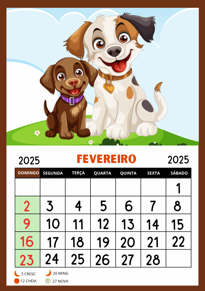 Calendário 2025 educação infantil para imprimir uma folha por mês cachorrinhos