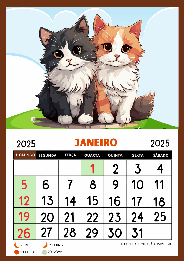 Calendário 2025 educação infantil para imprimir uma folha por mês gatinhos