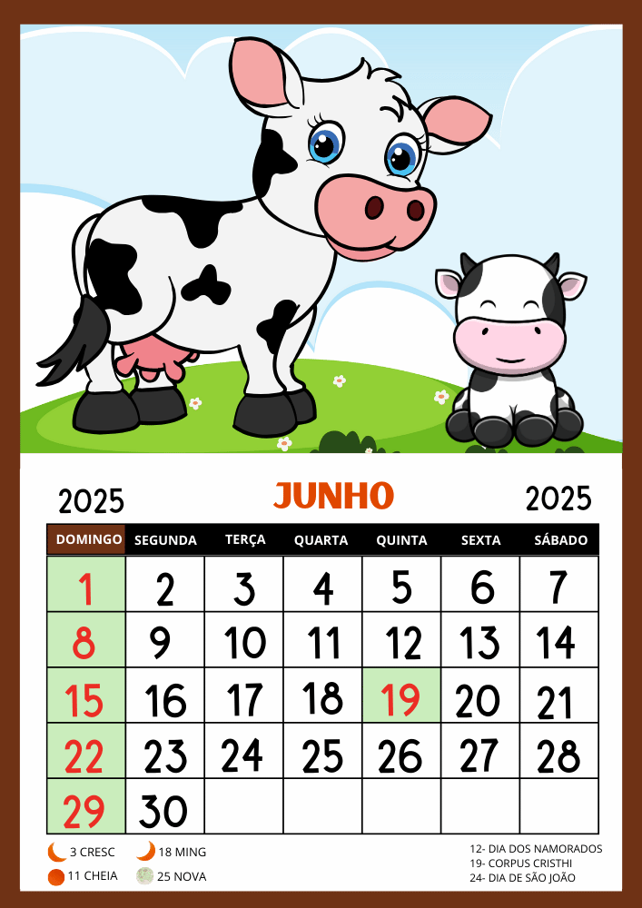 Calendário 2025 educação infantil para imprimir tema animais vaquinha