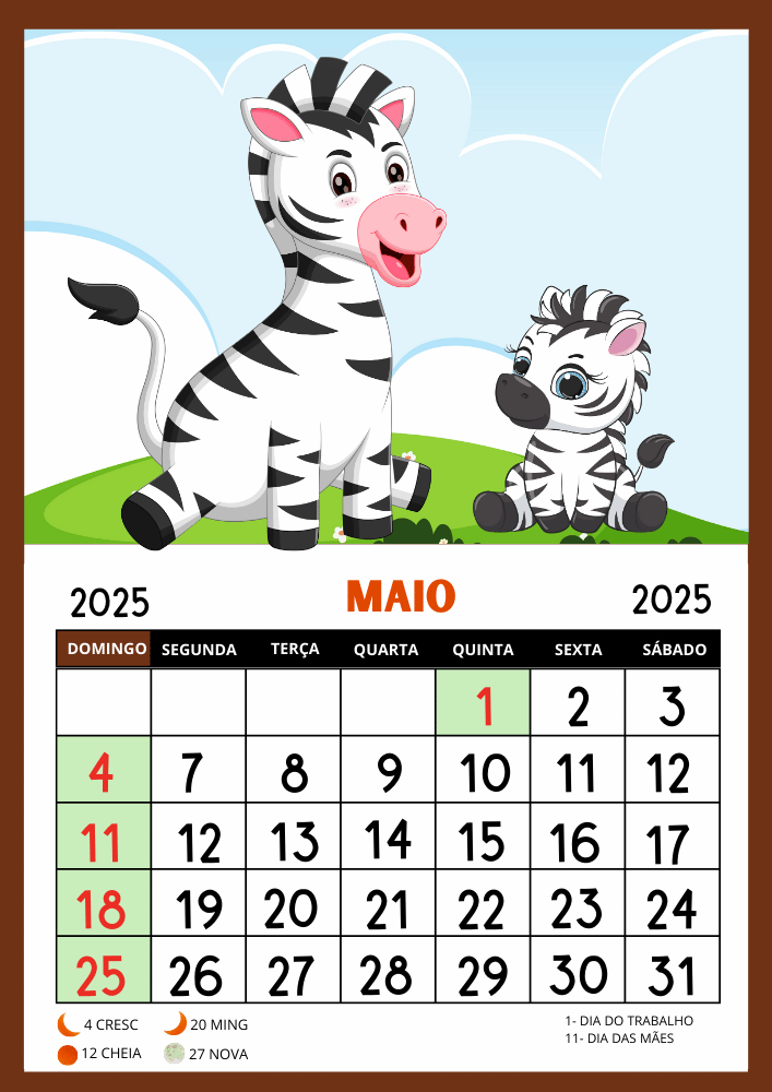 Calendário 2025 animais educação infantil para imprimir com as zebras