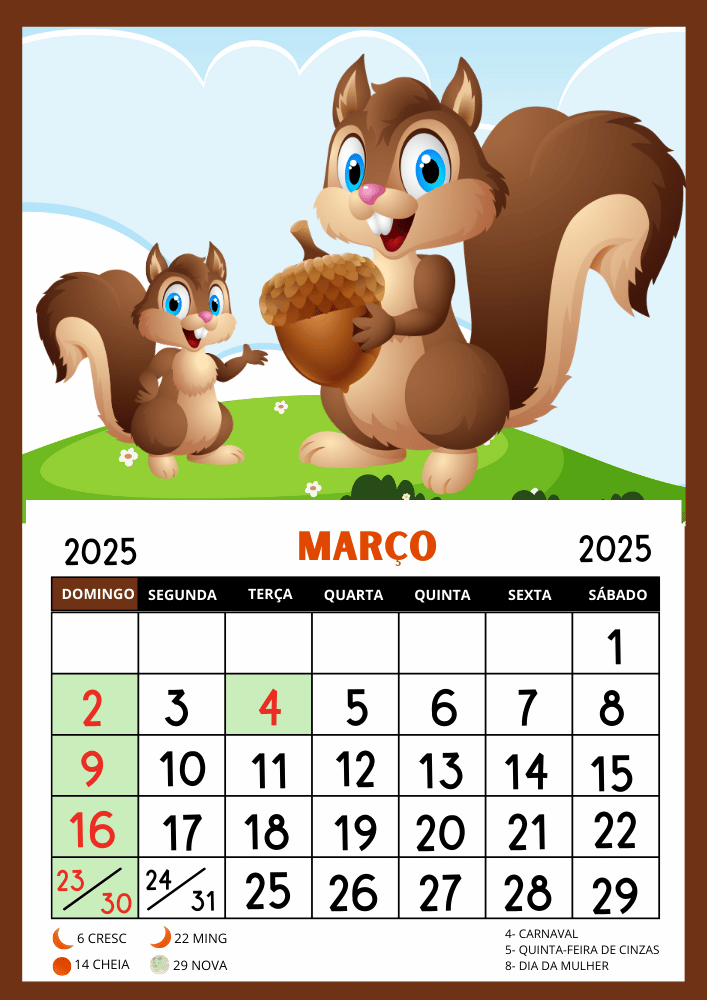 calendário animais 2025 imprimir março