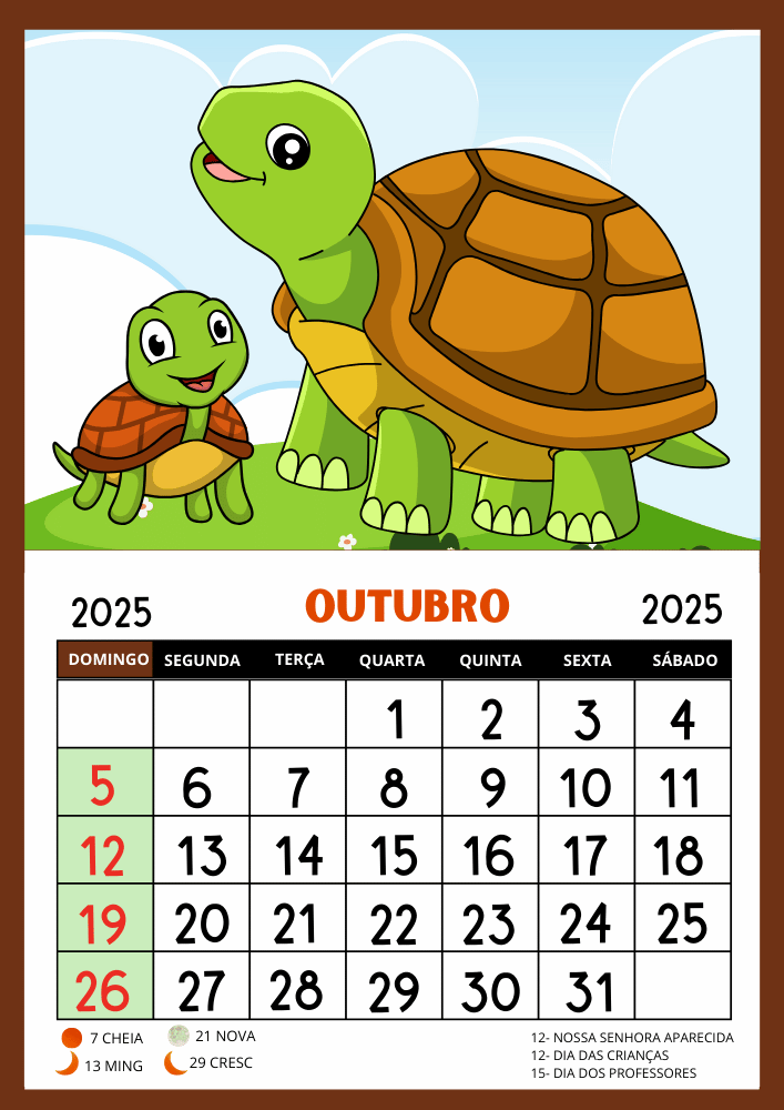 Calendário 2025 para imprimir educação infantil PDF con tartarugas