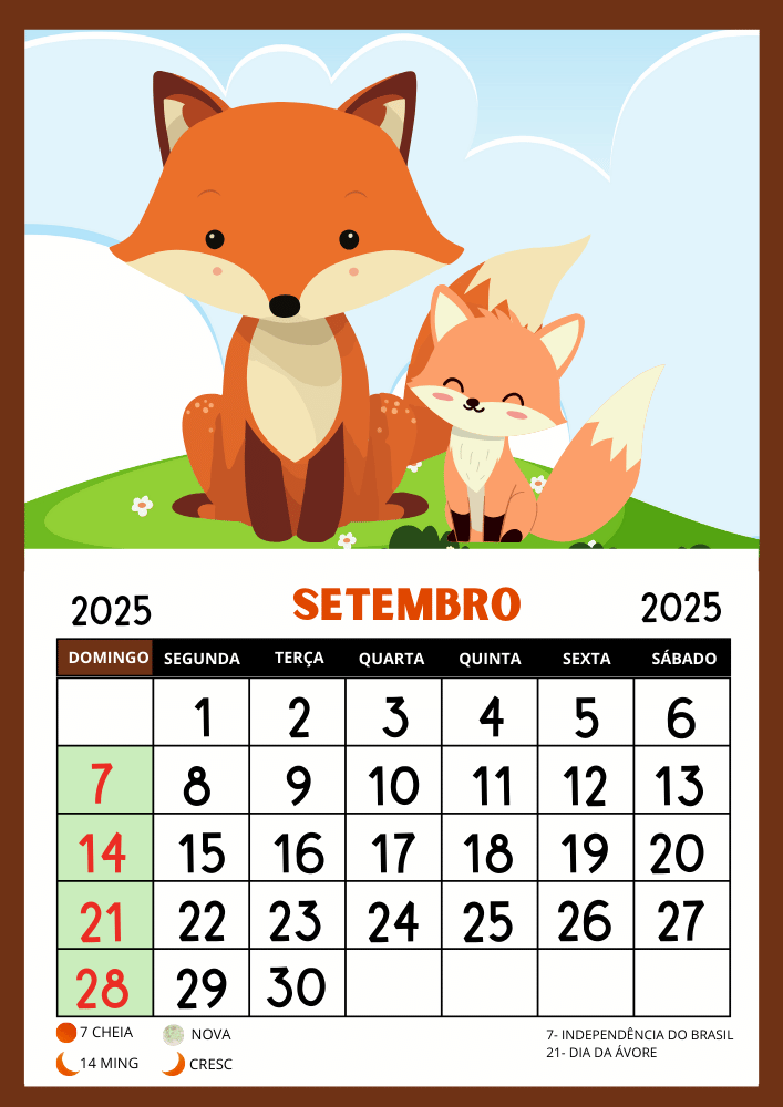 Calendário 2025 para imprimir a educação infantil tema animais raposinha