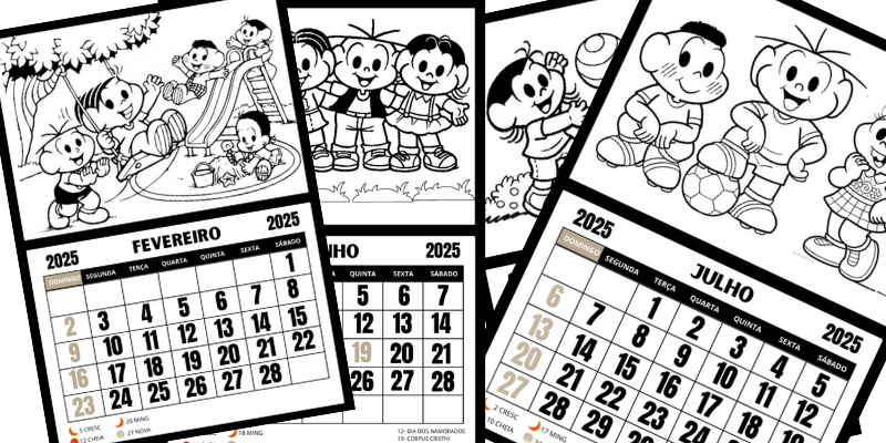 Calendário 2025 para colorir turma da Mônica Gratuito uma folha por mês mês a mês