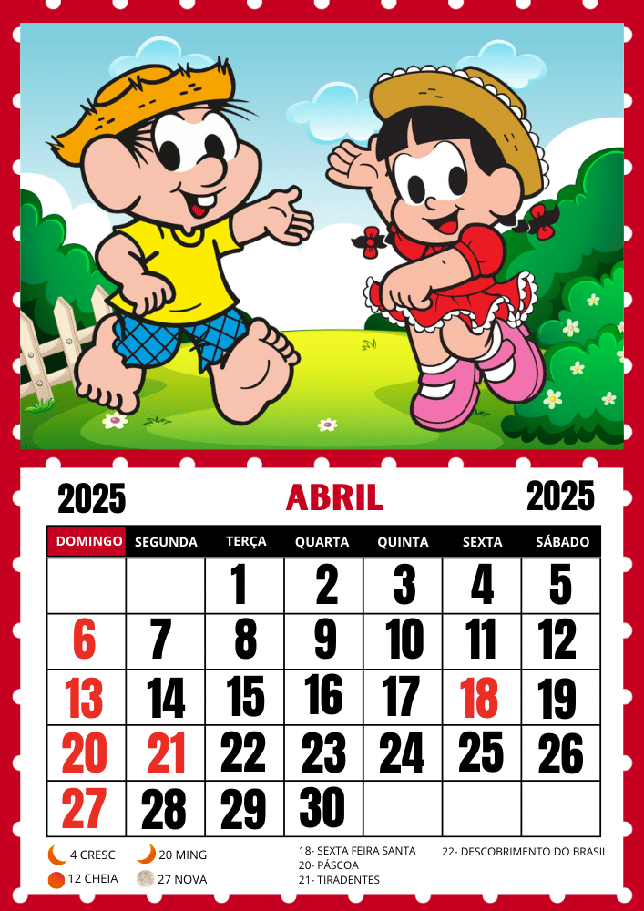 Calendário Turma da Mônica 2025 uma folha por mês pronto para imprimir mês de abril