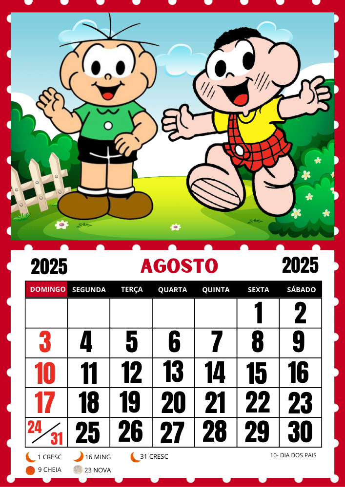 Calendário Turma da Mônica 2025 uma folha por mês pronto para imprimir mês de agosto