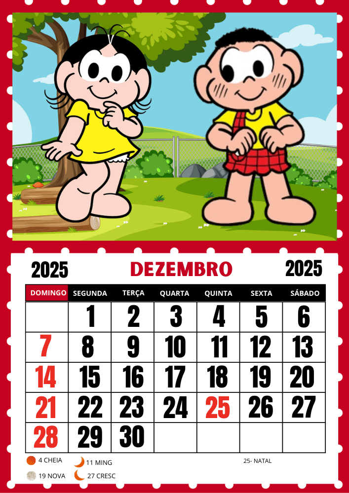 Calendário Turma da Mônica 2025 uma folha por mês pronto para imprimir mês de dezembro