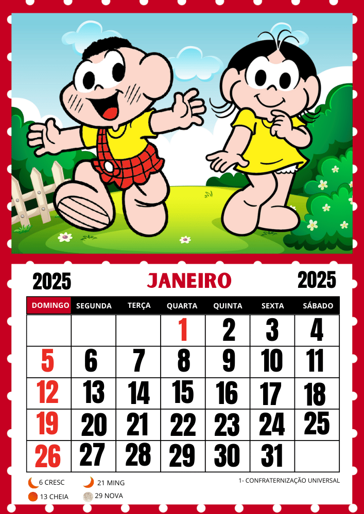 Calendário Turma da Mônica 2025 uma folha por mês pronto para imprimir mês de janeiro